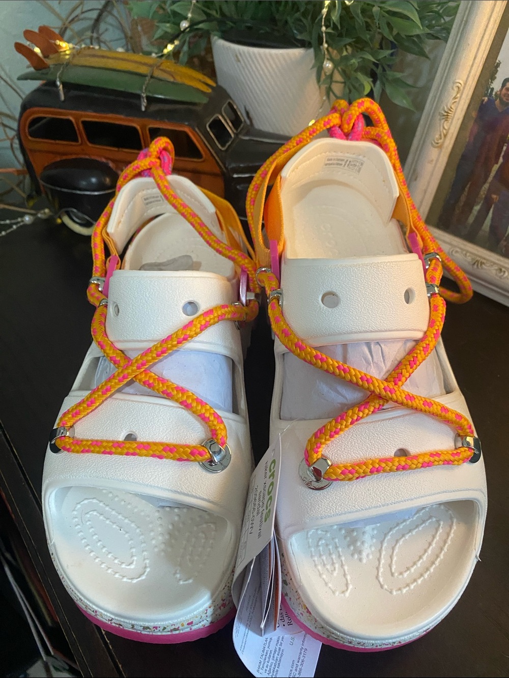 CROCS White Sandal with Pink & Yellow Rope Accents - Picture 2 of 5